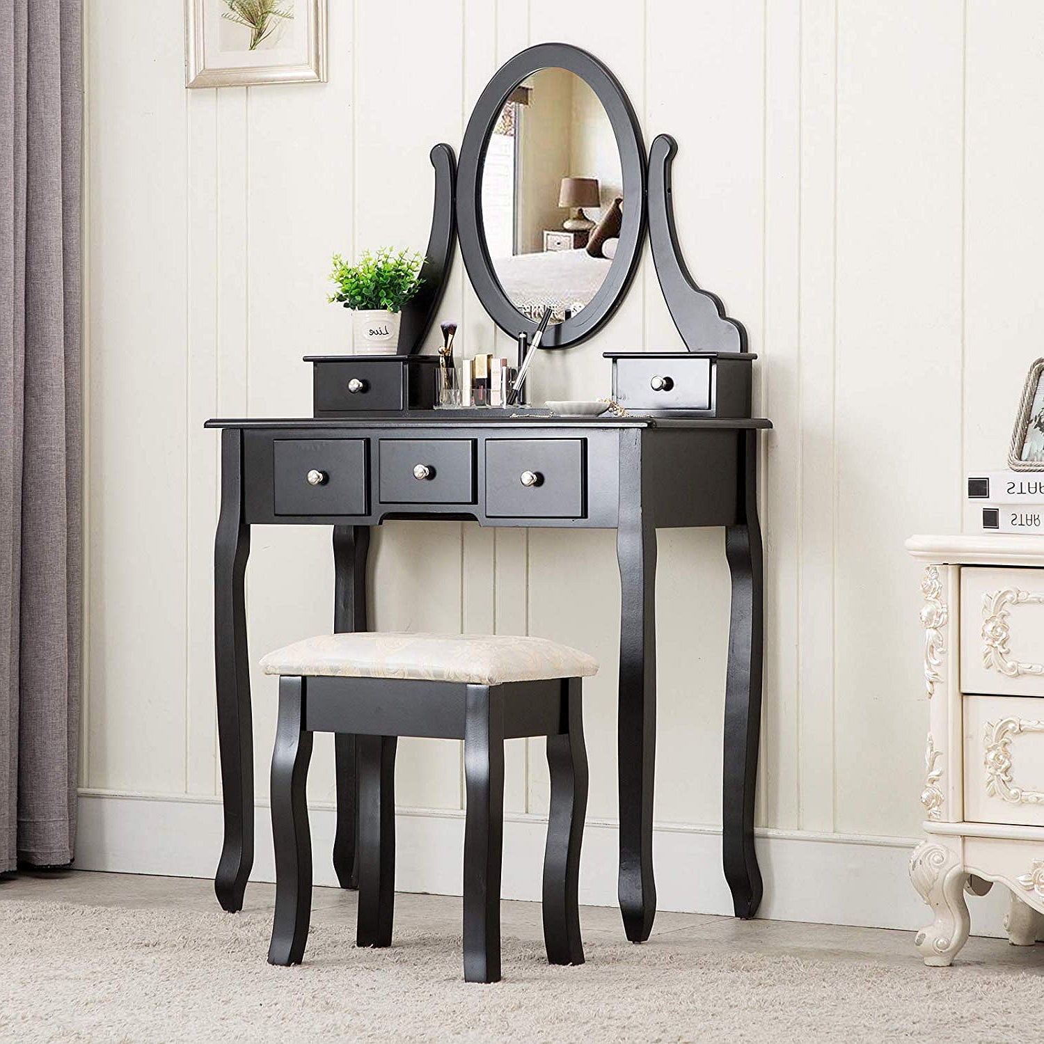 Lowest Prices - Ktaxon Black Vanity Set with Stool,Makeup Table with 5 Drawers & Mirror, Room Dresser - JYSK