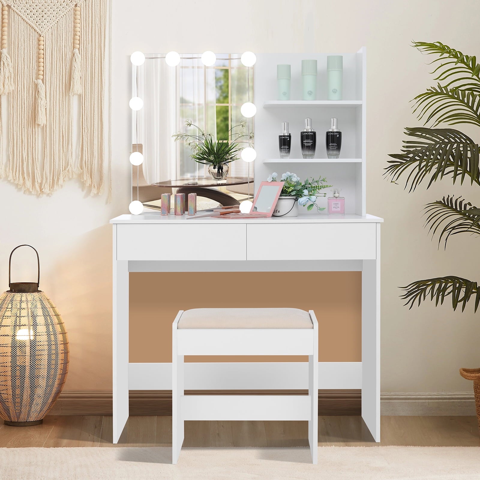 Lowest Prices - USIKEY Vanity Table Set for Gift with 10 Hollywood Style Lights, Dressing Vanity Table with 2 Long Shelves and 2 Big Drawers, Makeup Table with Cushioned Stool for Women, Girls, Bedroom, White - JYSK