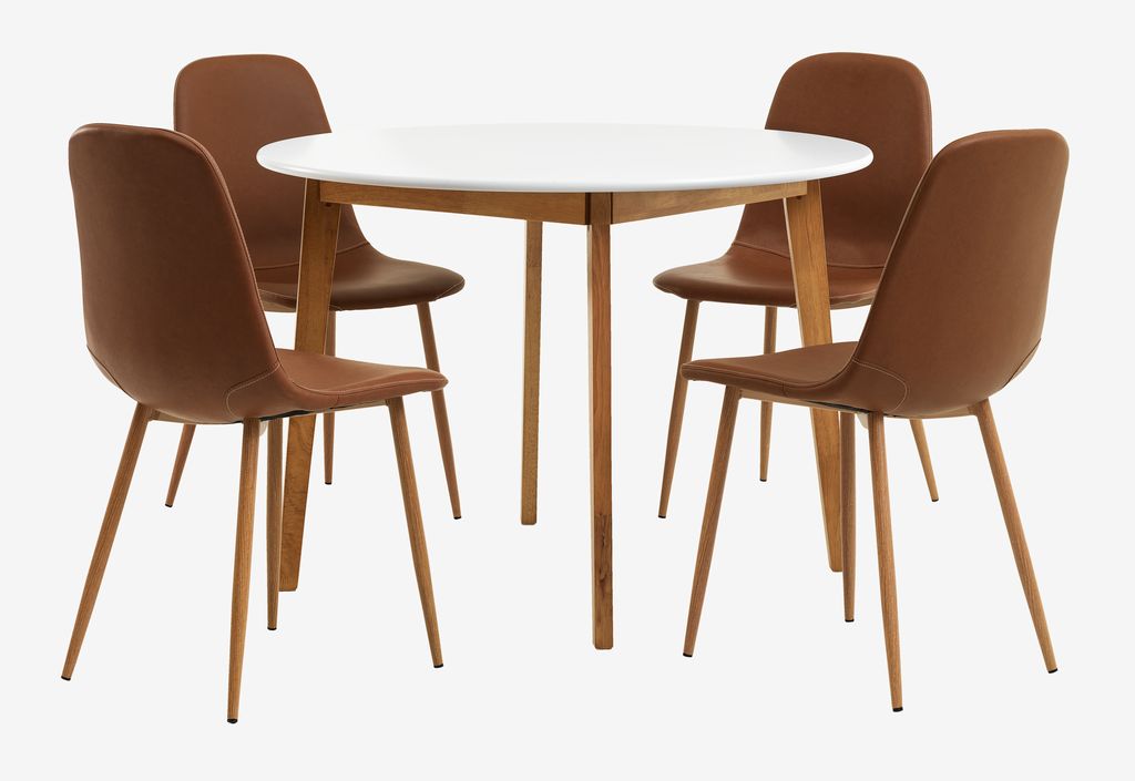 JEGIND D105 table white + 4 JONSTRUP cognac/oak chairs - JYSK