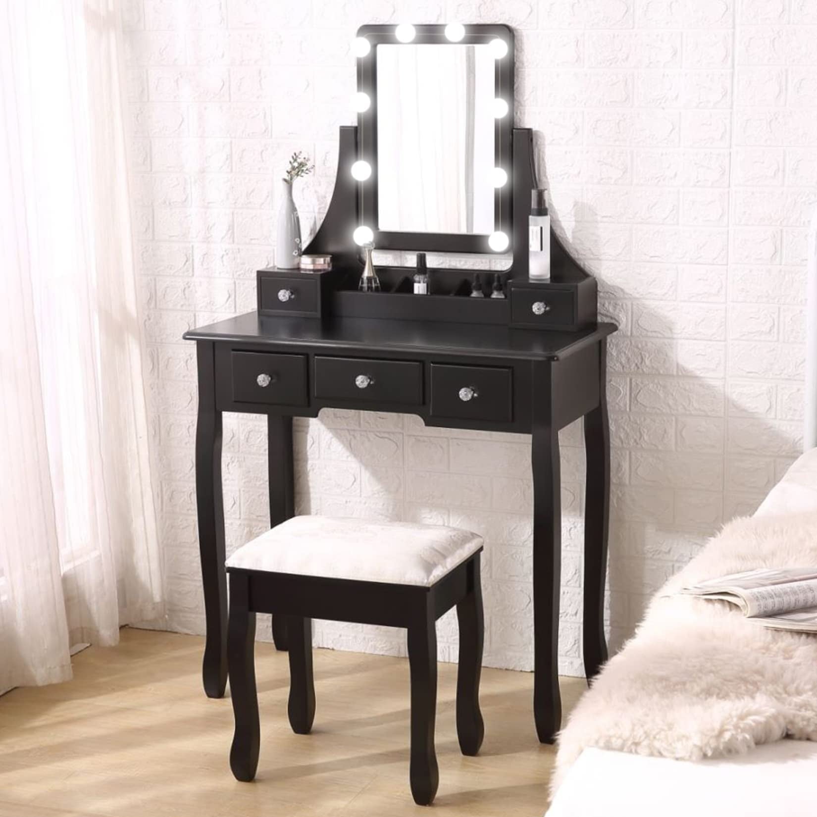 Lowest Prices - VEANERWOOD Makeup Vanity Table with 10 Led Lights, Lighted Mirror Vanity Desk with Cushioned Stool Set, 5 Drawers and 2 Shelves, Bedroom Dressing Vanity, Luxurious, Black - JYSK