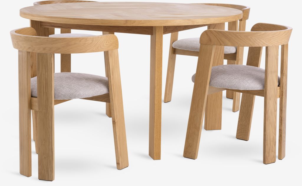 HARESKOV D130 table oak + 4 BOVRUP chairs oak/beige - JYSK