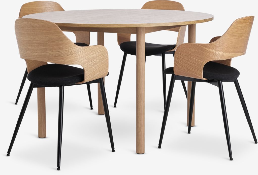 ALSTED D120 table oak + 4 HVIDOVRE chairs oak/black - JYSK