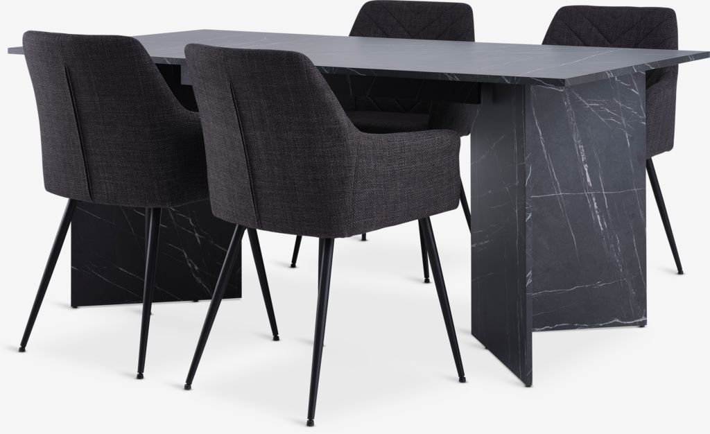 KRONDAL L180 table marble + 4 PURHUS chairs grey/black - JYSK