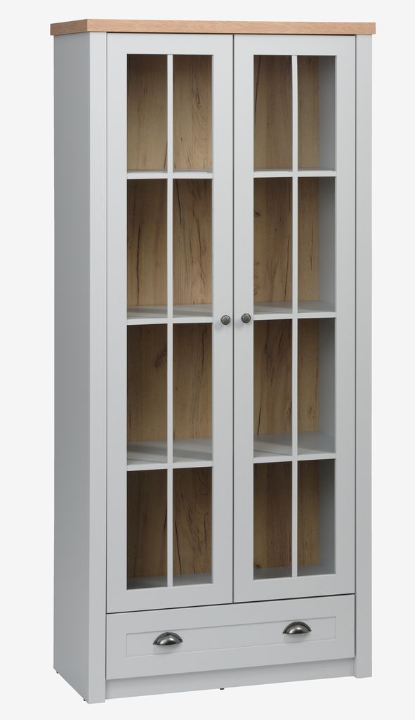 Display cabinet MARKSKEL 2 doors light grey/oak colour - JYSK