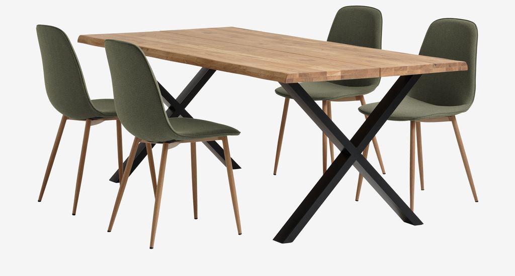 ROSLEV L200 table natural oak+4 BISTRUP chairs olive - JYSK
