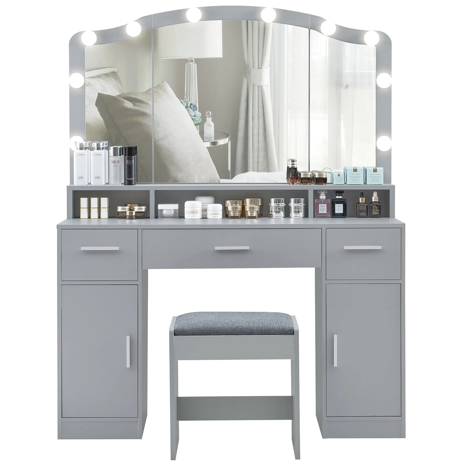Lowest Prices - USIKEY Large Vanity Set with Large Lighted Mirror, Modern Makeup Vanity Table with 3 Drawers, 2 Storage Cabinets & 10 LED Bulbs and Cushioned Stool for Women, Bedroom, WhiteSZT32WD - JYSK