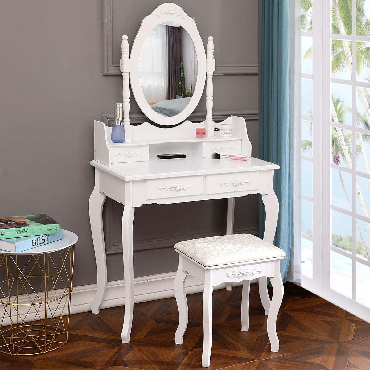 Lowest Prices - Ktaxon Elegance White Dressing Table Vanity Table and Stool Set Wood Makeup Desk with 4 Drawers & Mirror - JYSK