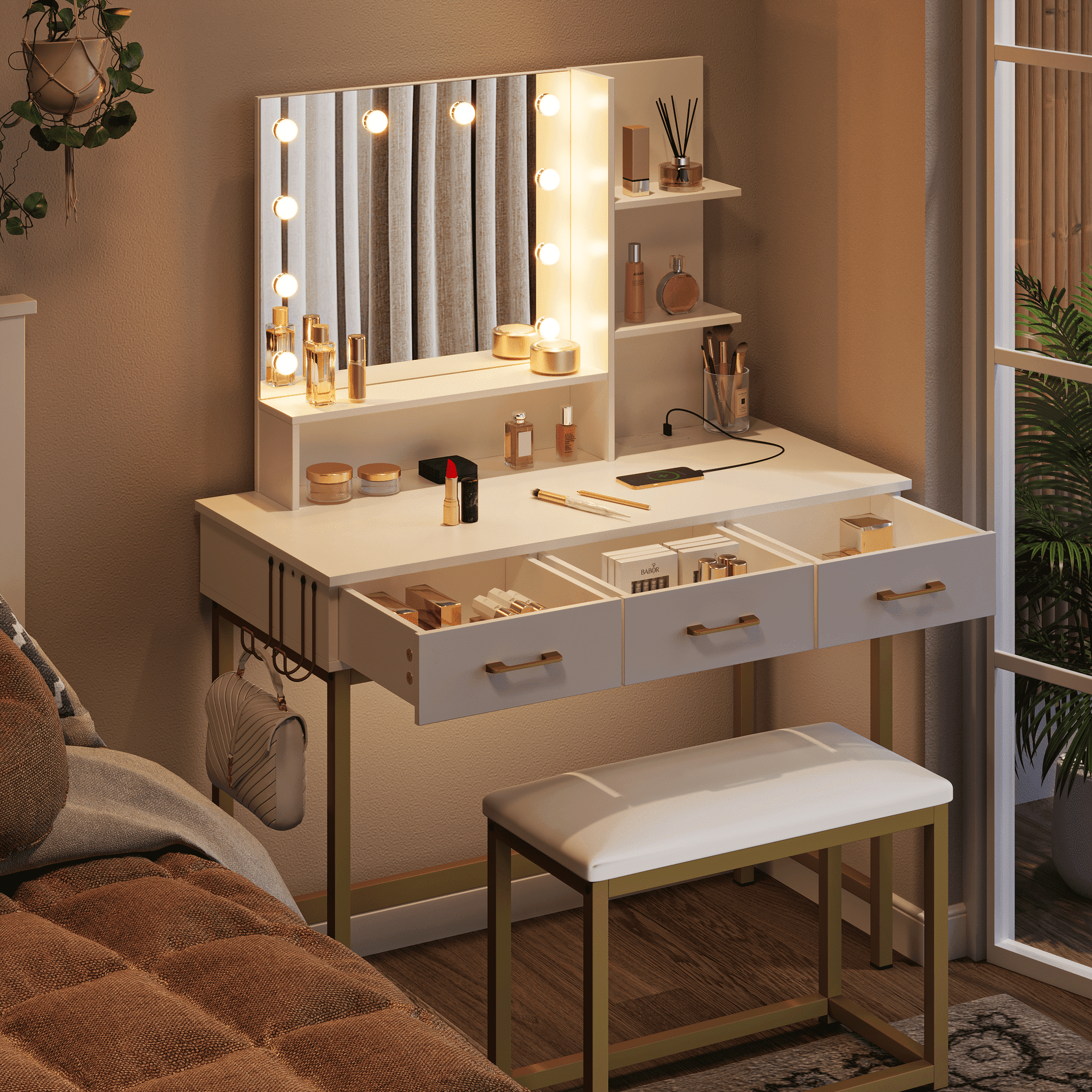 Lowest Prices - Bestier Vanity Set with Lighted Mirror & Power Outlet, Makeup Table with Drawers & Cushioned Stool for Bedroom in White - JYSK