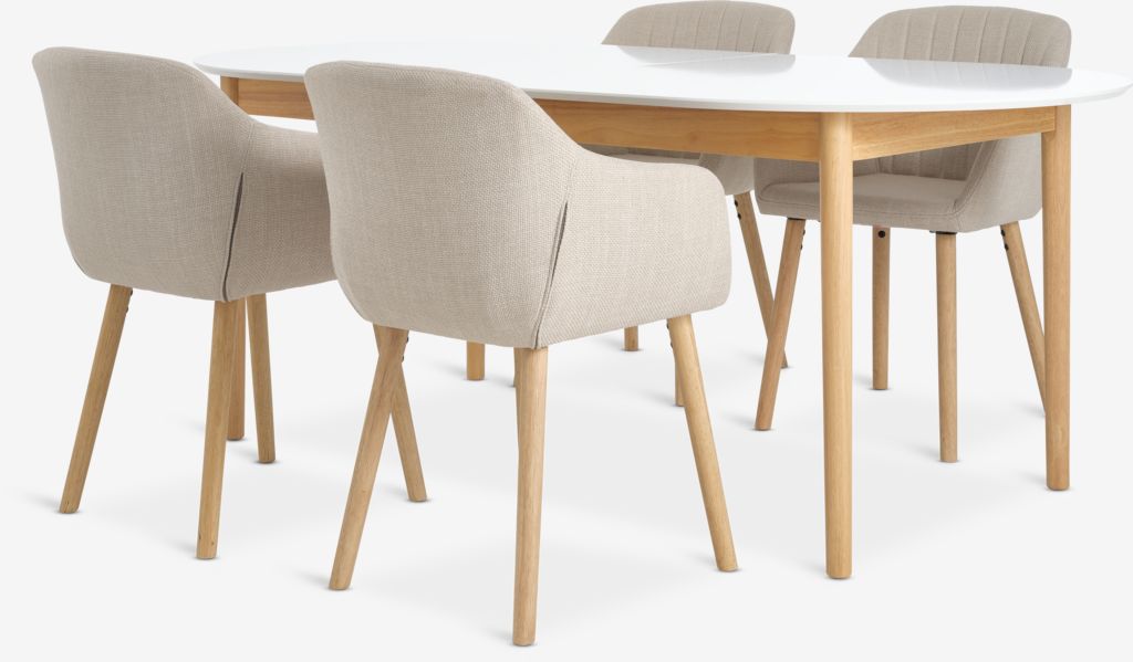 MARSTRAND L200/280 table white + 4 ADSLEV chairs beige - JYSK