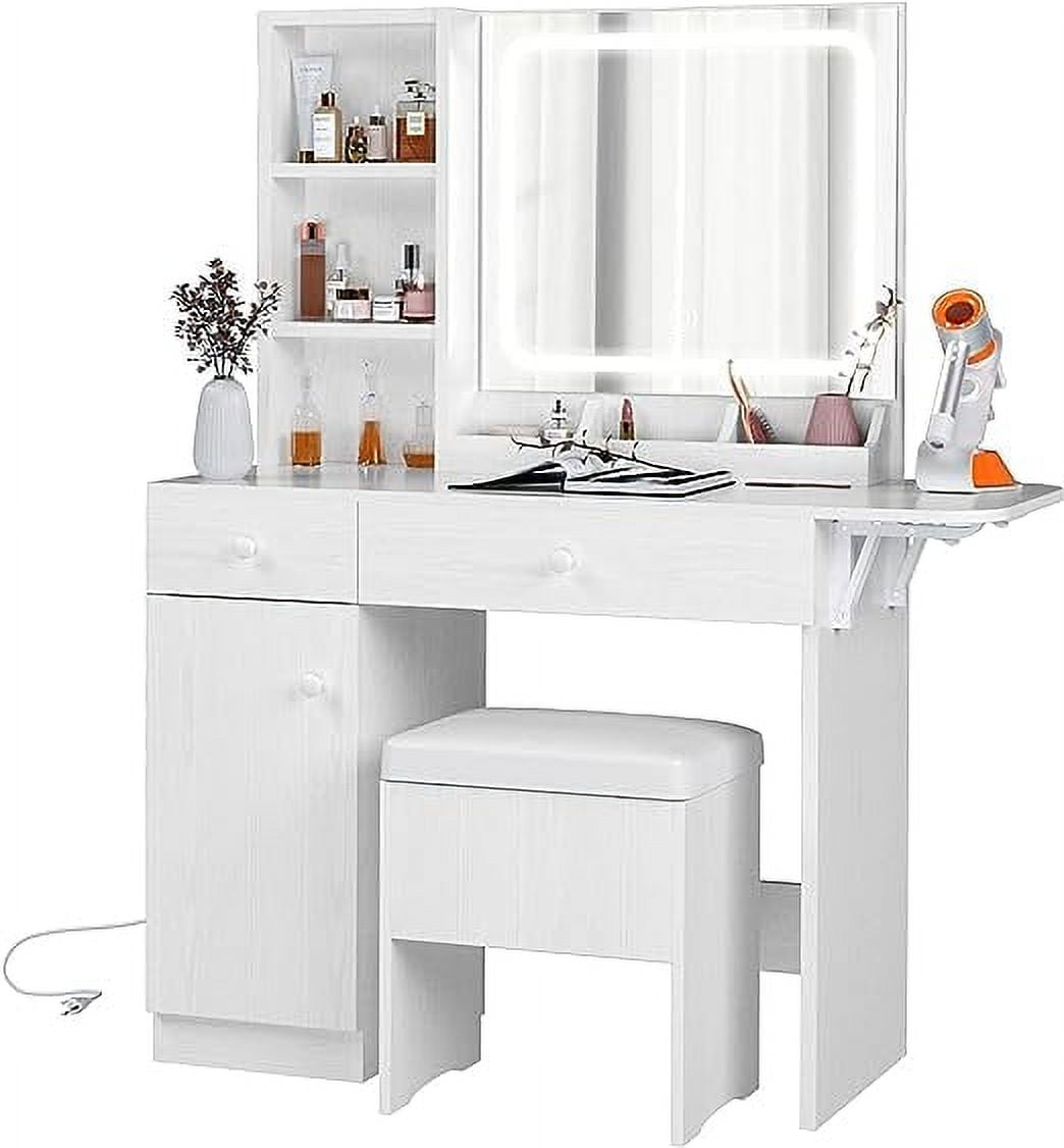 Lowest Prices - IRONCK Vanity Desk with LED Lighted Mirror & Power Outlet, Makeup Table with Drawers & Cabinet,Storage Stool,for Bedroom, White - JYSK