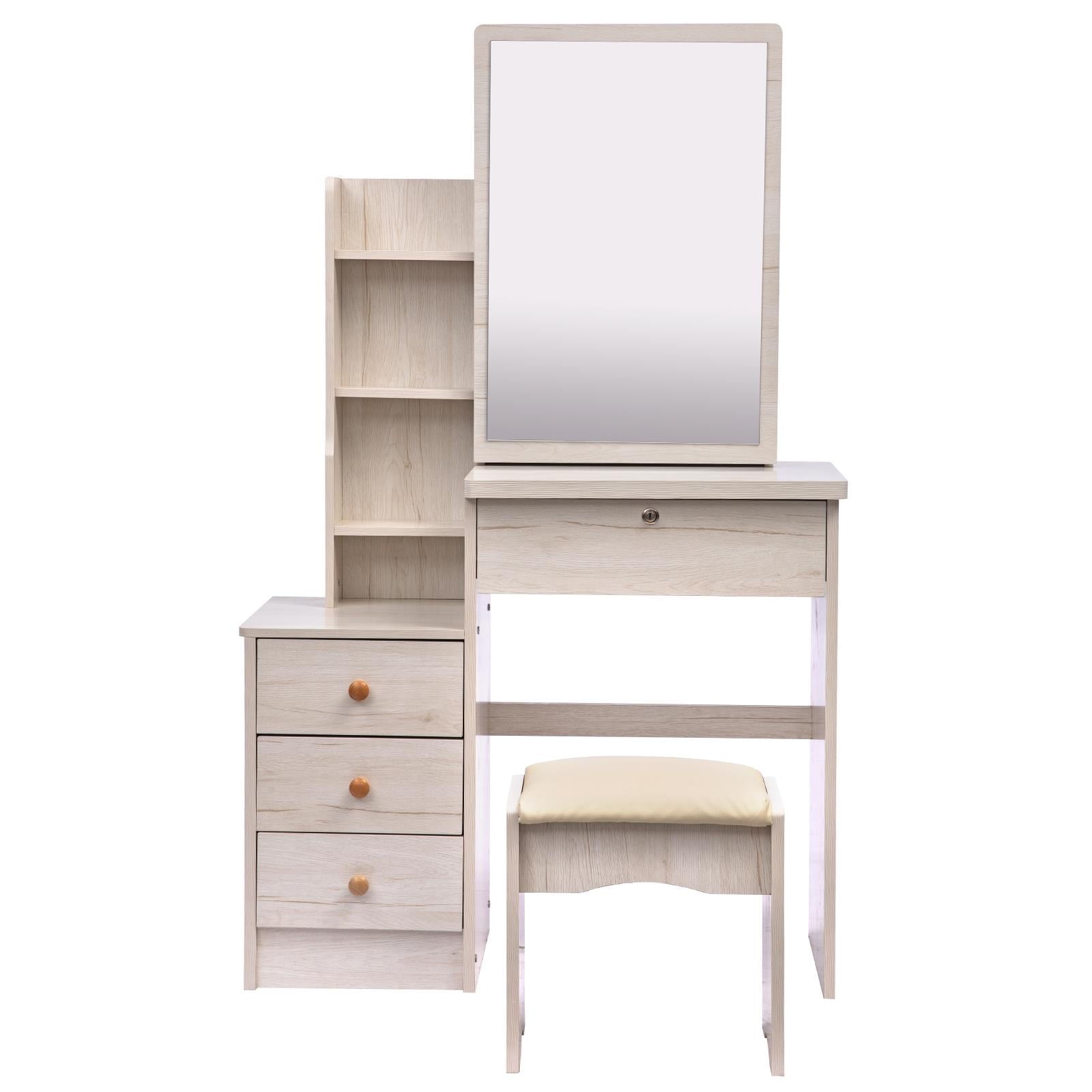 Lowest Prices - UBesGoo Vanity Set with Sliding Mirror, Makeup Vanity Dressing Table with 4 Drawers, Shelves, Dresser Desk and Cushioned Stool Set (White Oak Color) - JYSK