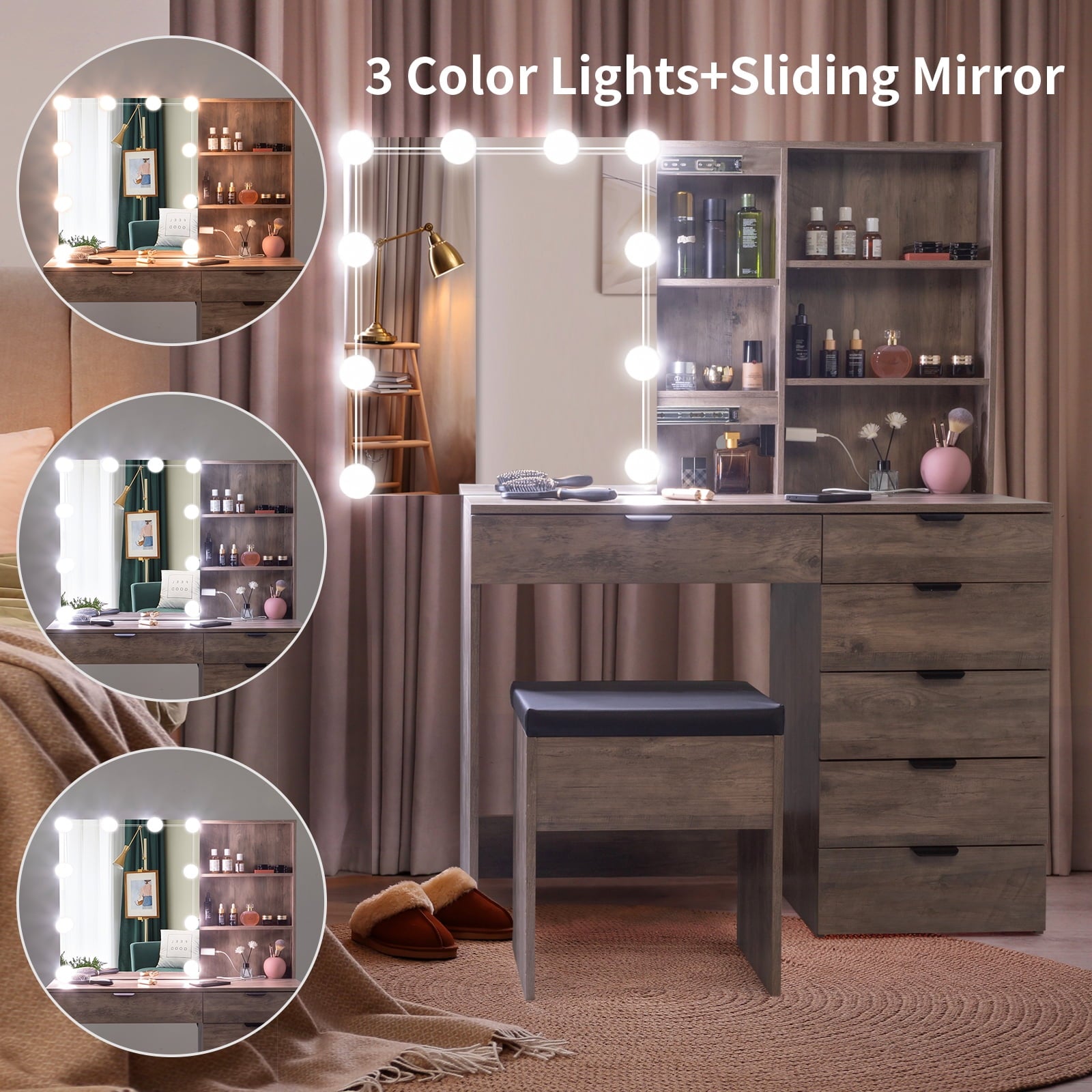Lowest Prices - Ktaxon Vanity Set with 3 Color Lighted Mirror & Charging Station, Makeup Table with 6 Drawers, Dressing Table Makeup Desk with Stool,Retro Gray - JYSK
