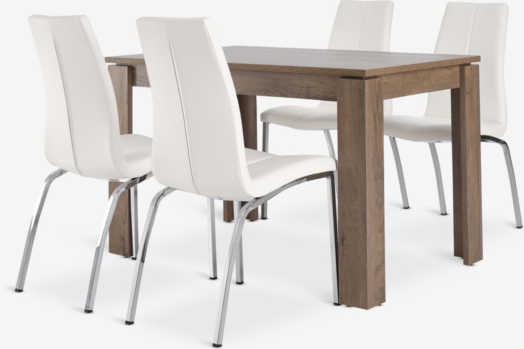 VEDDE L120 table wild oak + 4 HAVNDAL chairs white/chrome - JYSK