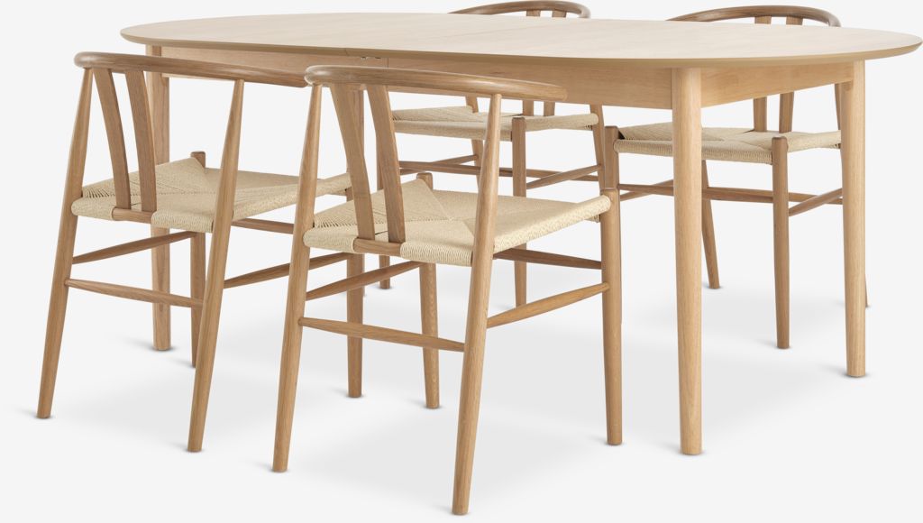 MARSTRAND L200/280 table oak + 4 GUDERUP chairs oak/natural - JYSK