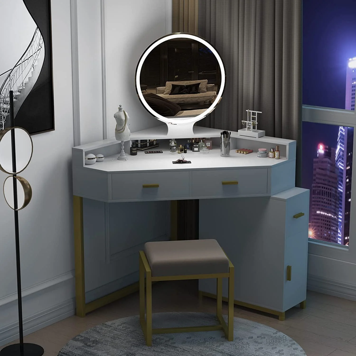 Lowest Prices - Corner Vanity Set with Lighted Mirror, Makeup Vanity Dressing Table with Drawers, Cabinet and Cushioned Stool, Girls Vanity Desk for Bathroom, Bedroom, White by TZUTOGETHER - JYSK