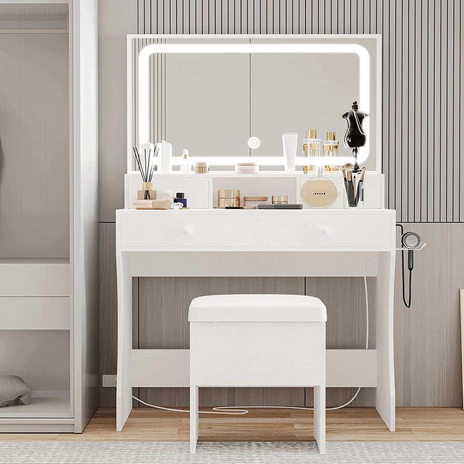 Lowest Prices - LIKIMIO Vanity Desk with LED  Mirror, Bedroom Makeup Table with 4 Drawers, Storage Stool, White - JYSK