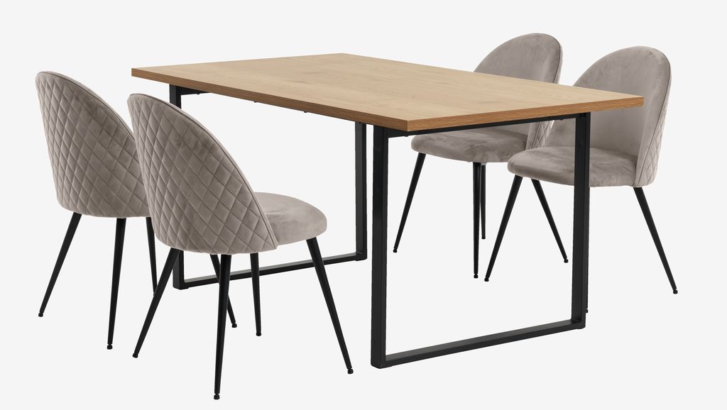 AABENRAA L160 table oak + 4 KOKKEDAL chairs grey velvet - JYSK