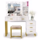 Lowest Prices - PAKASEPT Vanity Set with Lighted Mirror, Large Vanity Desk Makeup Vanity Dressing Table with 9 LED Lights, 5 Drawers, Storage Shelves&Cushioned Stool for Bedroom - JYSK