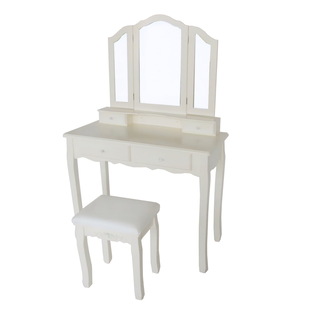 Lowest Prices - 35 Inch 3 Piece Vanity Desk Set with Cushioned Stool and Elegant Trifold Mirror, 4 Drawers, Off White Solid Wood-Saltoro - JYSK