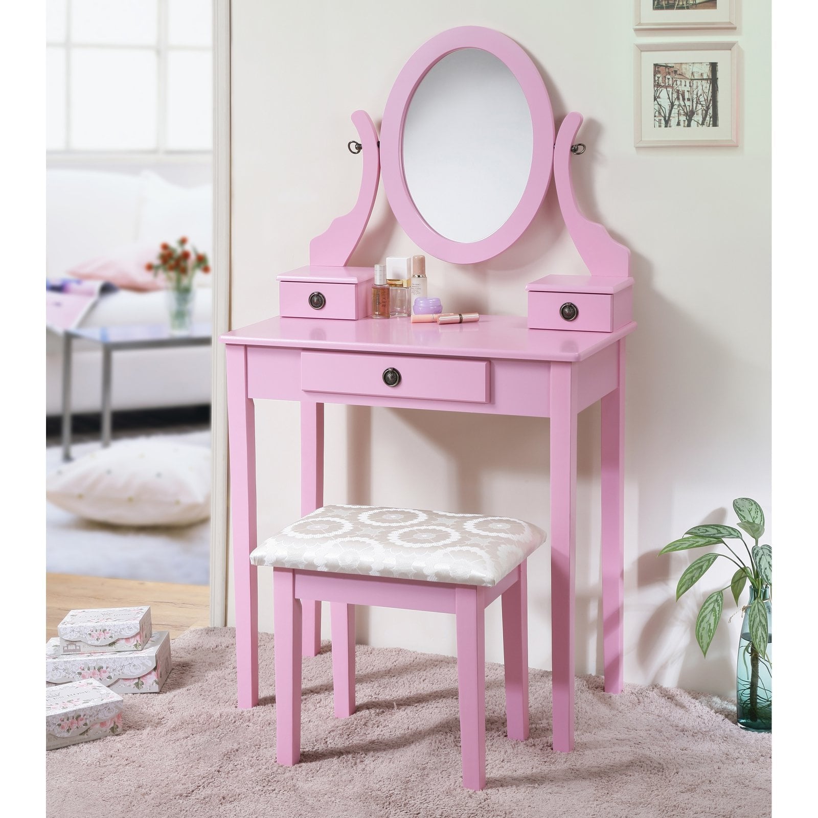 Lowest Prices - Roundhill Furniture Moniya Wood Vanity Table and Stool Set, Pink - JYSK