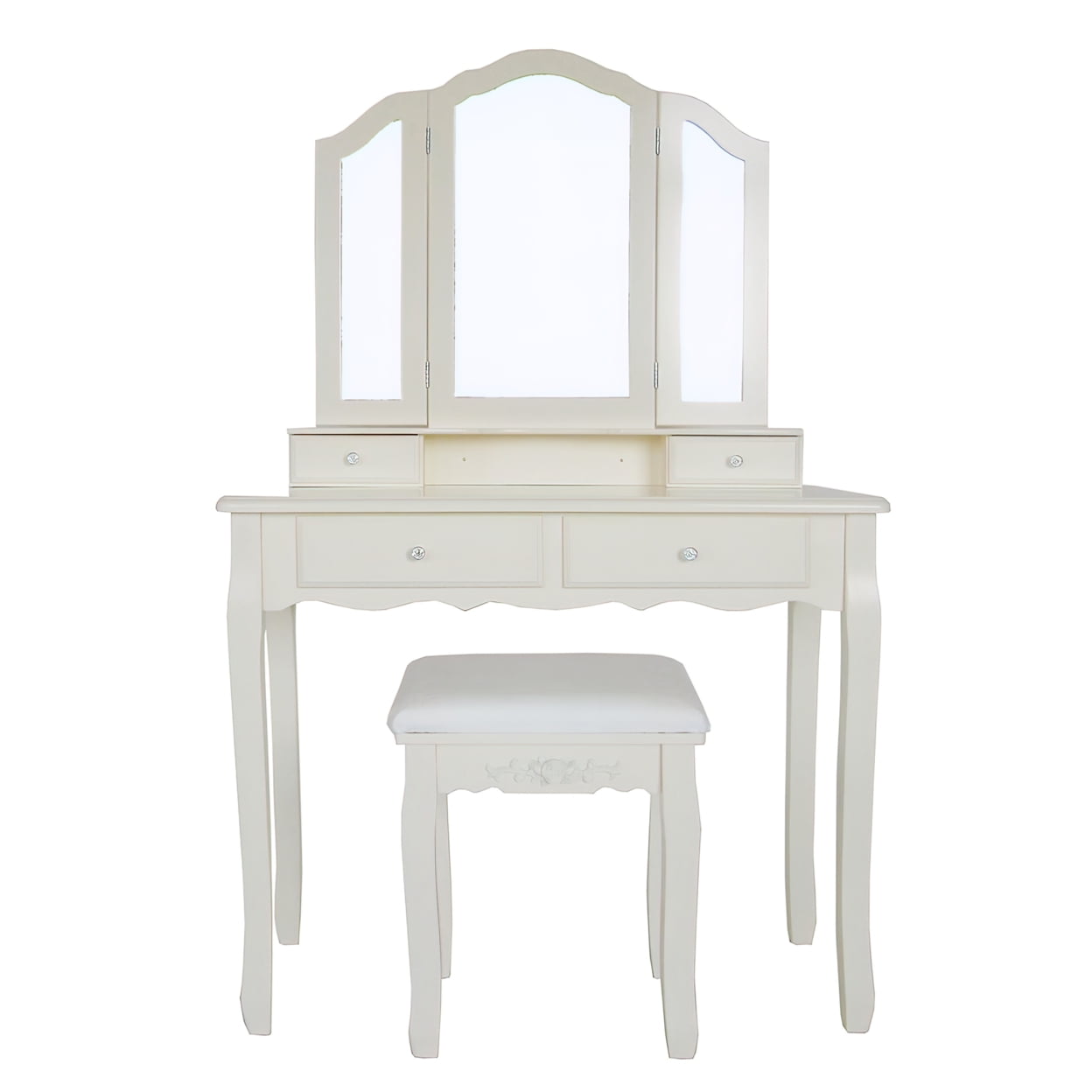 Lowest Prices - 35 Inch 3 Piece Vanity Desk Set with Cushioned Stool and Elegant Trifold Mirror, 4 Drawers, Off White Solid Wood-Saltoro - JYSK
