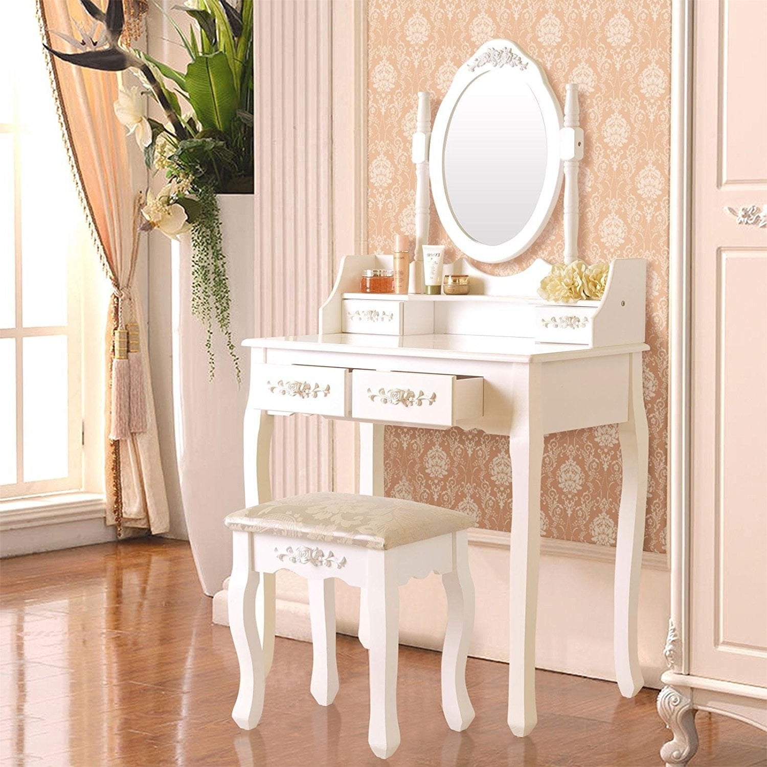 Lowest Prices - Ktaxon Elegance White Dressing Table Vanity Table and Stool Set Wood Makeup Desk with 4 Drawers & Mirror - JYSK