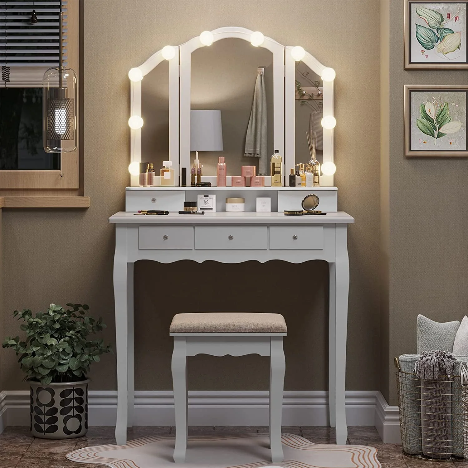 Lowest Prices - Makeup Vanity Set Desk Table with with Lights & Tri-Folding Mirror,Dressing Table with Cushion Stool & 5 Drawers, White - JYSK