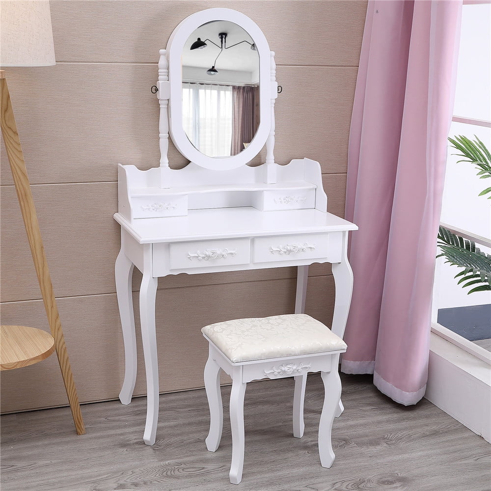 Lowest Prices - Ktaxon Vanity Jewelry Wooden Makeup Dressing Table Set W/Stool Mirror Cabinet &4 Drawer - JYSK