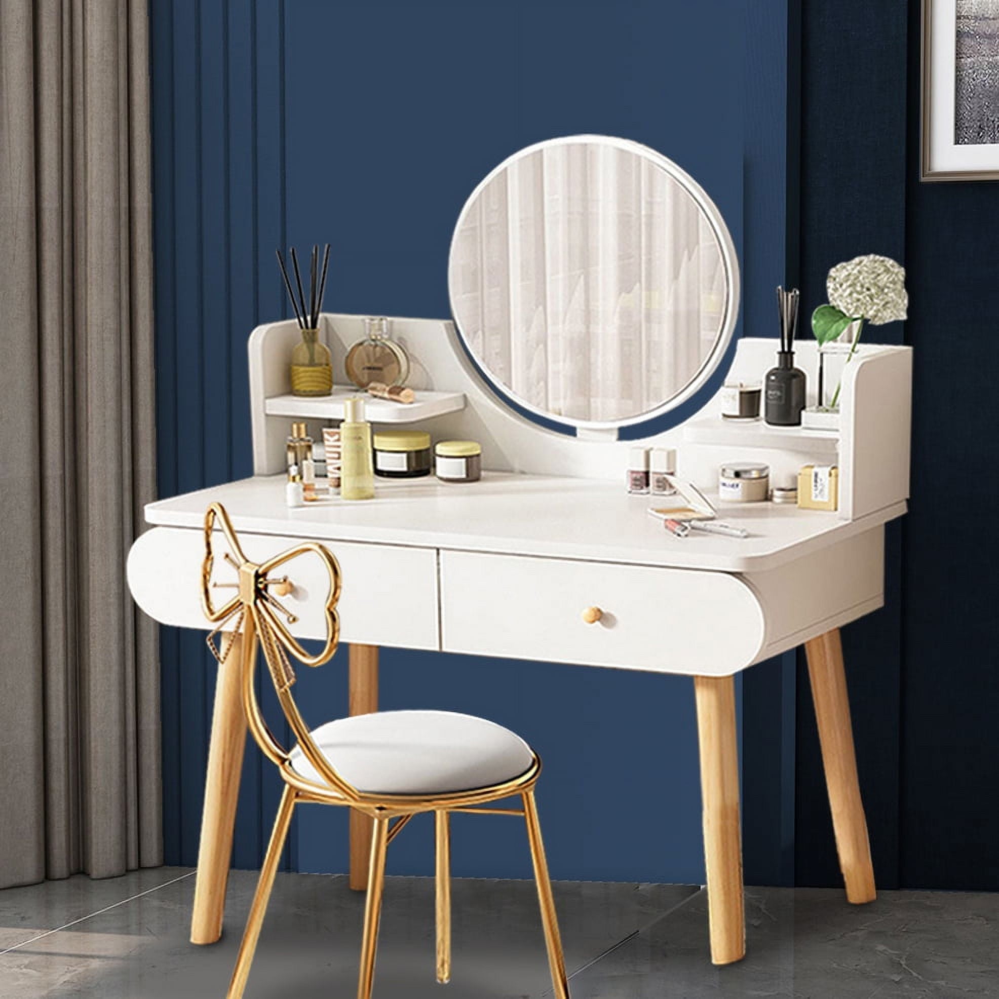 Lowest Prices - Modern Vanity Table Makeup Desk, 2 Drawers and 4 Shelves for Bedroom White(Without Stool and LED) - JYSK