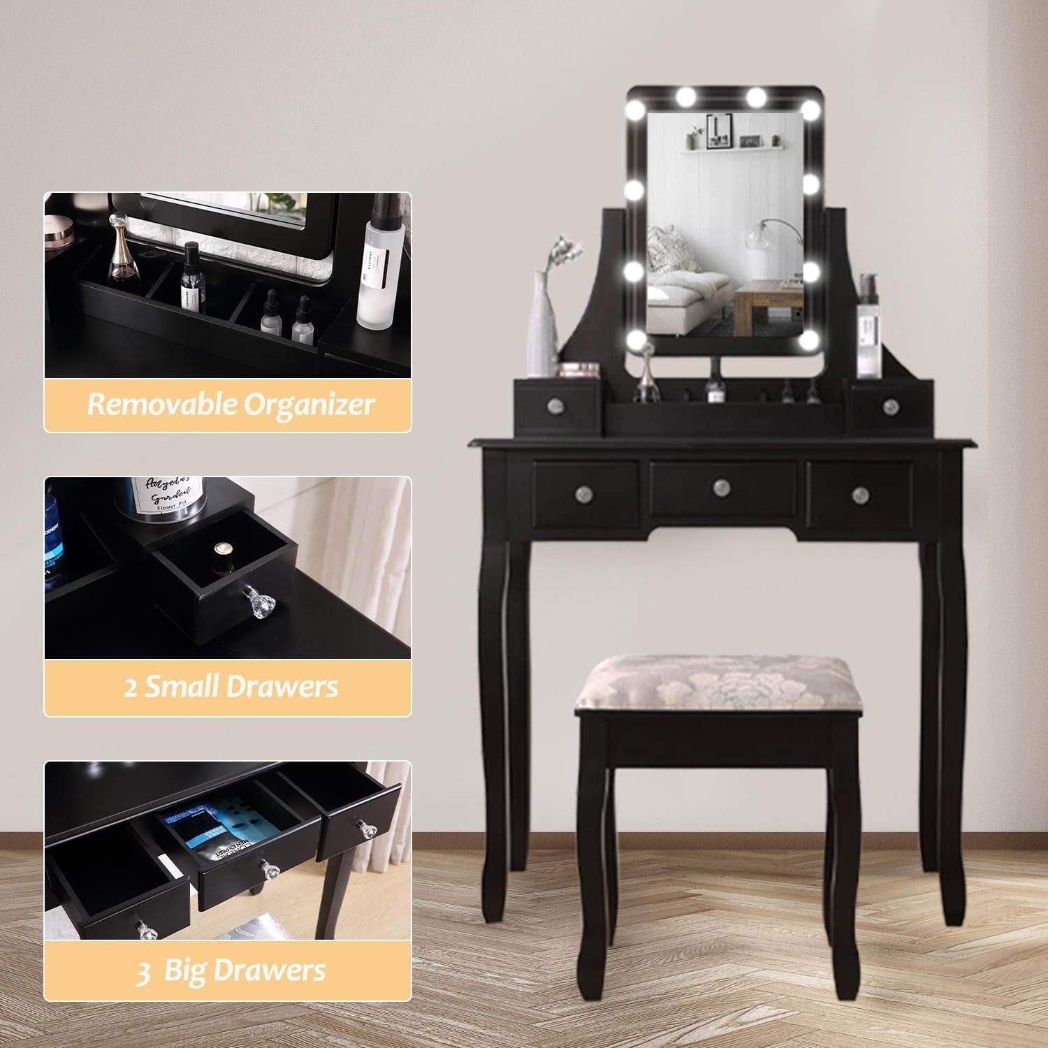 Lowest Prices - VEANERWOOD Makeup Vanity Table with 10 Led Lights, Lighted Mirror Vanity Desk with Cushioned Stool Set, 5 Drawers and 2 Shelves, Bedroom Dressing Vanity, Luxurious, Black - JYSK