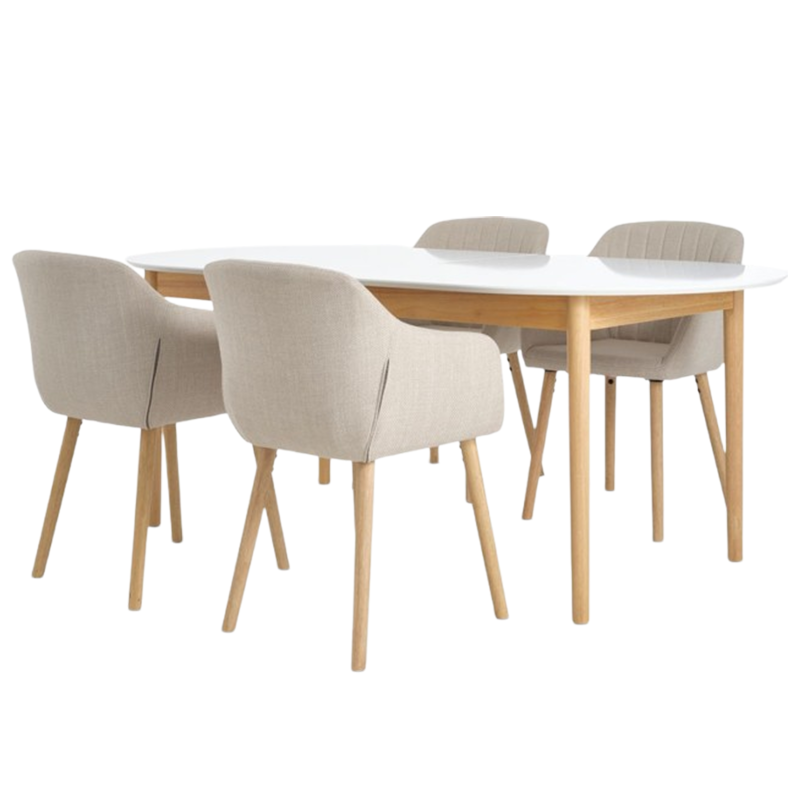 MARSTRAND L200/280 table white + 4 ADSLEV chairs beige - JYSK